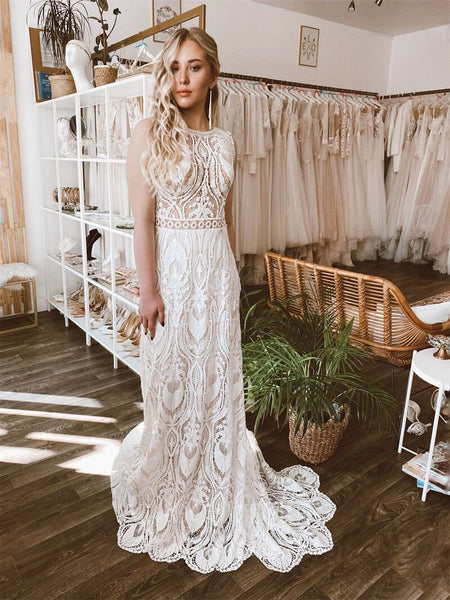 Rustic Lace Wedding Dresses Sheath Beach Boho Wedding Dresses W0014 –  vigocouture