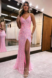 Sparkling Pink Sequin Mermaid Prom Dress with Slit and Spaghetti Strap 22183