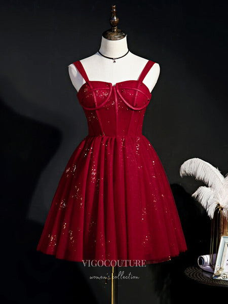 vigocouture Red Tea-Length Prom Dresses Spaghetti Strap Dotted Tulle Homecoming Dress 21758 Custom Colors / 16W