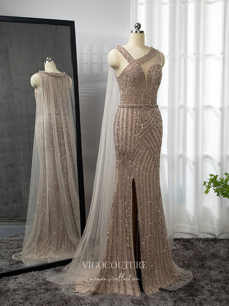 Vintage Beaded Prom Dresses with Slit One Shoulder Mermaid Evening Dresses  22072