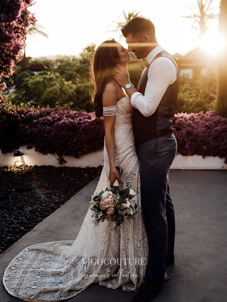 vigocouture-Bohemian Strapless Lace Wedding Dresses with Slit W0015B-Wedding Dresses-vigocouture-