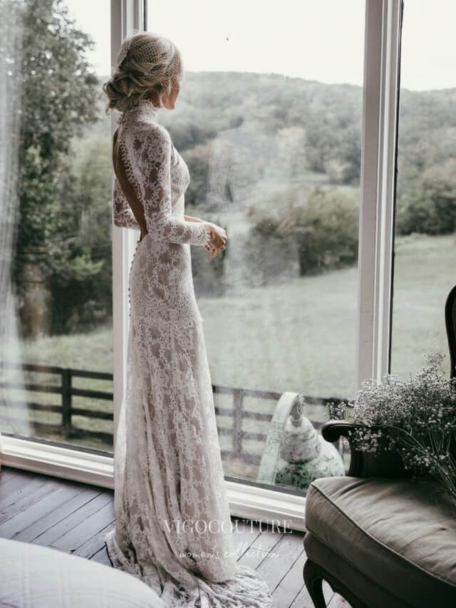 High Neck Boho Long Sleeves Lace Wedding Dress With Open back TN307 US16 / Custom Color High Neck Boho Long Sleeves Lace Wedding Dress With Open back TN307 US16 / Custom Color