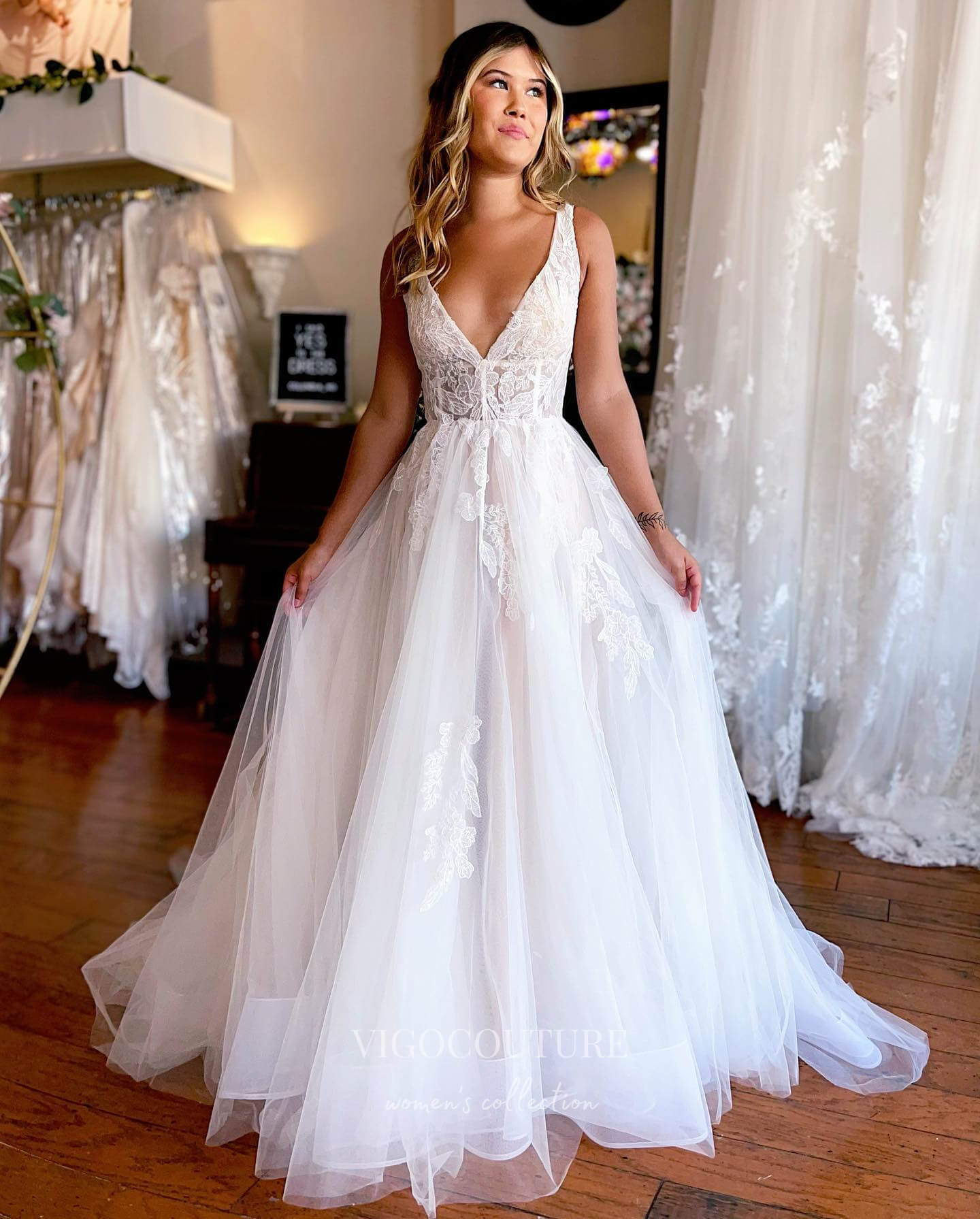 Graceful Ivory Lace Applique Tulle Wedding Dress with Plunging V-Neck and Cathedral Train W0104 Custom Colors / US4 Graceful Ivory Lace Applique Tulle Wedding Dress with Plunging V-Neck and Cathedral Train W0104 Custom Colors / US4