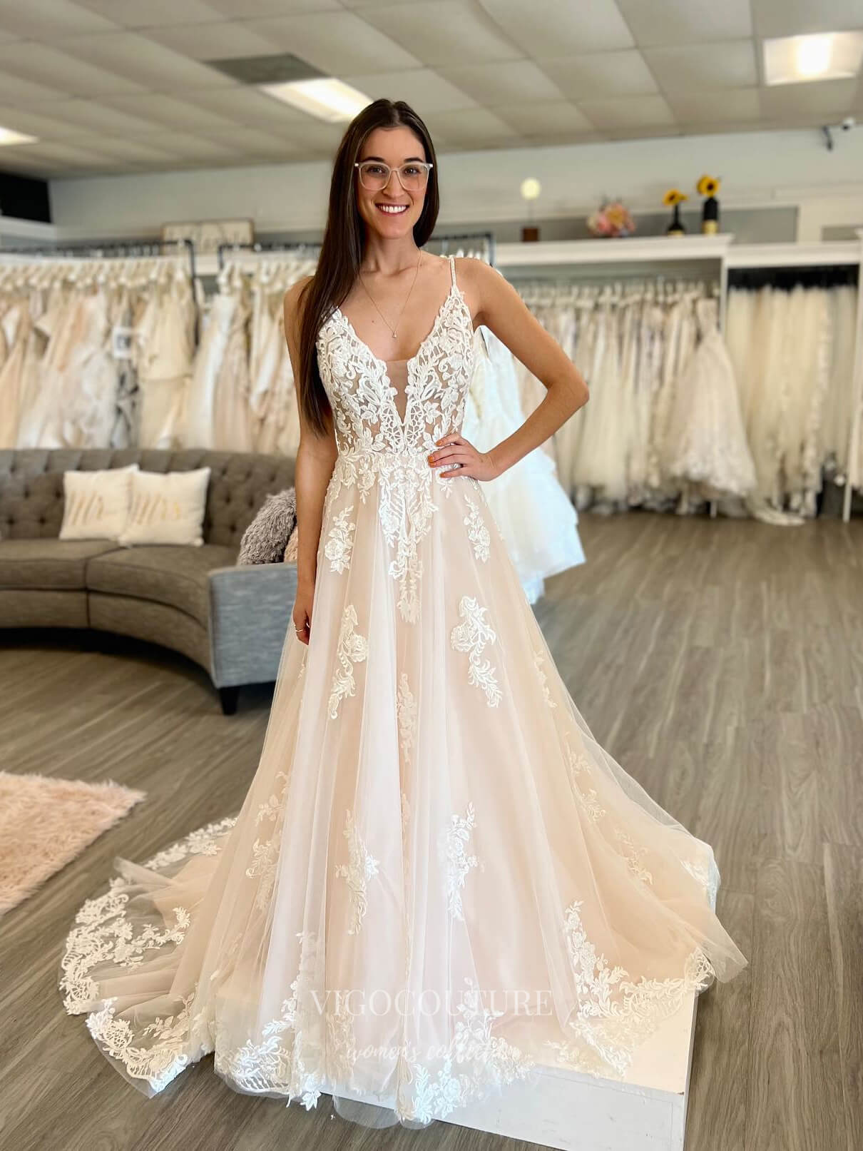 lace applique bodice wedding dress LaDivine CD792W Long A Line Lace Applique Wedding Dress