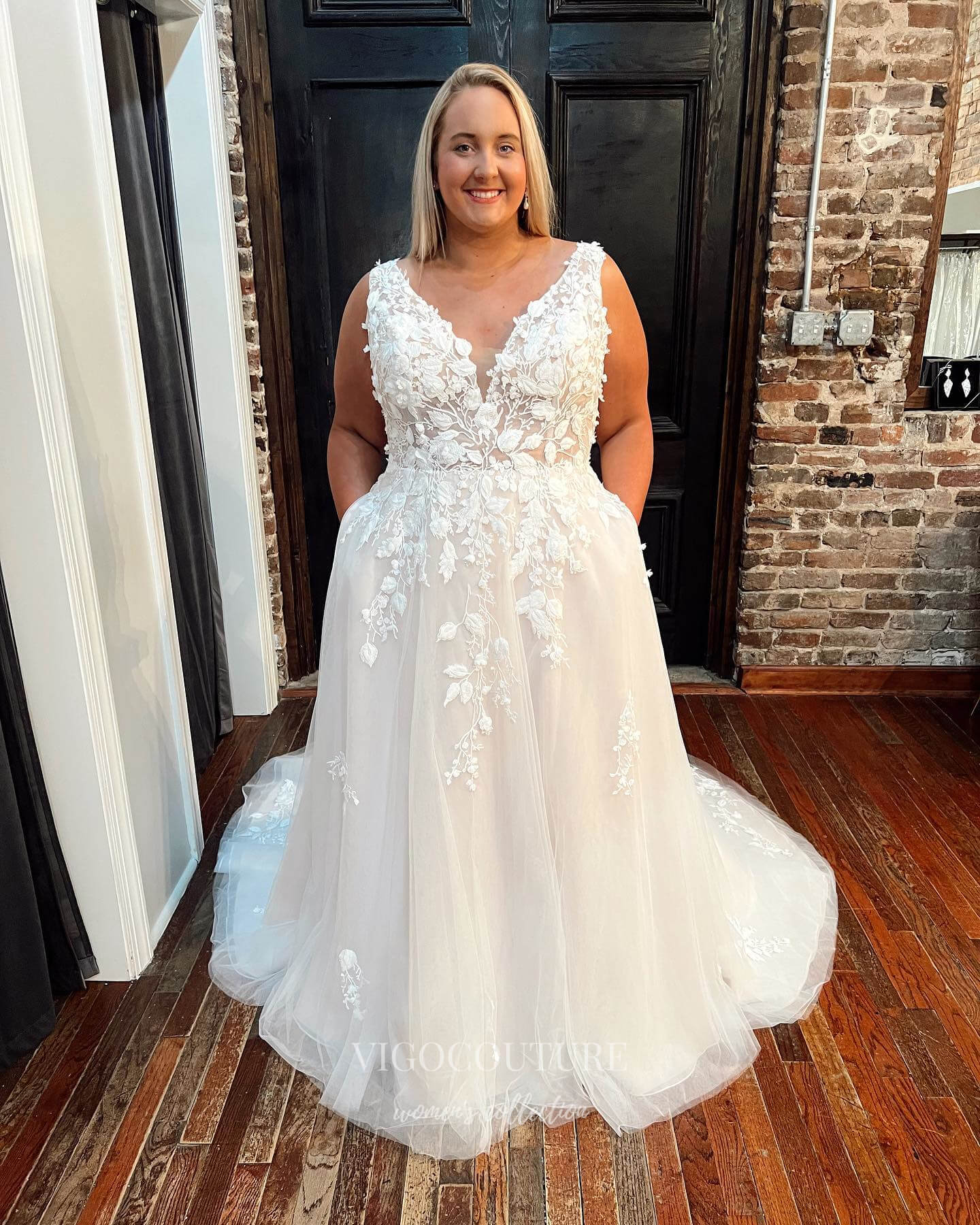 Ivory Lace Applique Wedding Dresses V-Neck Bridal Gown W0096 vigocouture Ivory Lace Applique Wedding Dresses V-Neck Bridal Gown W0096 vigocouture