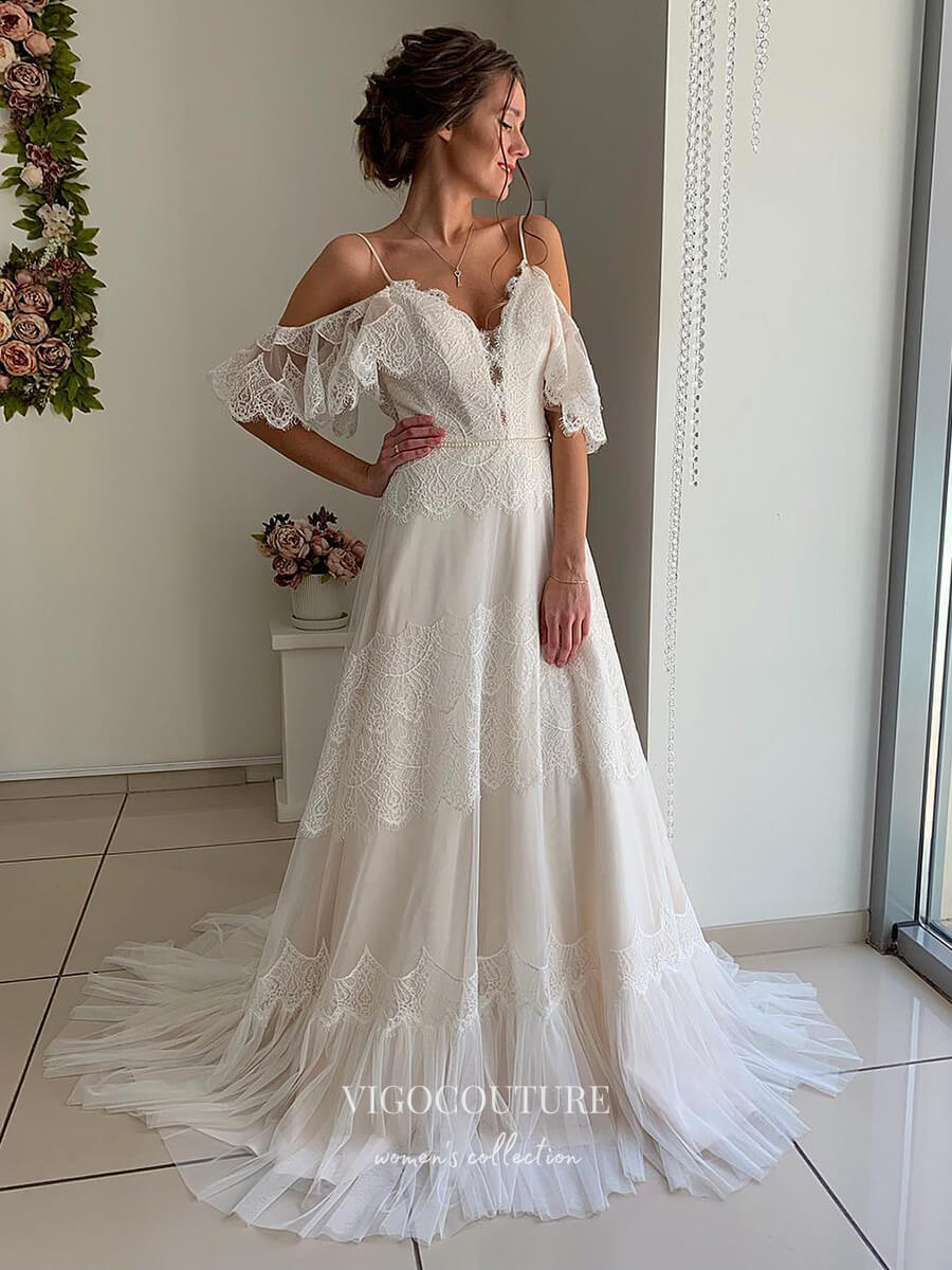 Ivory Lace Wedding Dresses with Spaghetti Straps, Sweetheart Neckline & Tiered Shoulder - W0038 Ivory / US16 Ivory Lace Wedding Dresses with Spaghetti Straps, Sweetheart Neckline & Tiered Shoulder - W0038 Ivory / US16