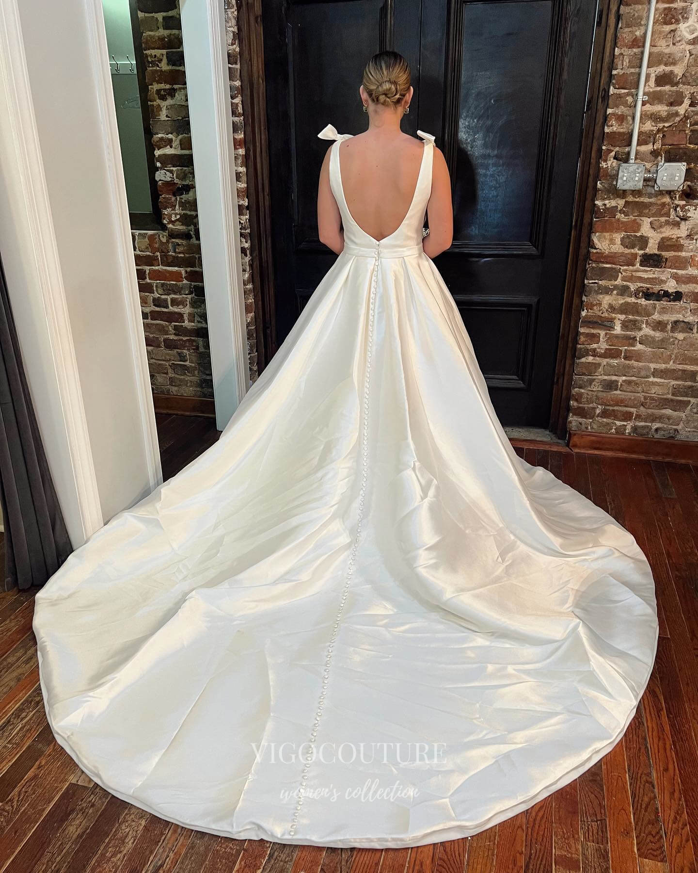 Ivory Satin Wedding Dresses Plunging V-Neck Bridal Gown W0101-Wedding Dresses-vigocouture-Ivory-US2-vigocouture