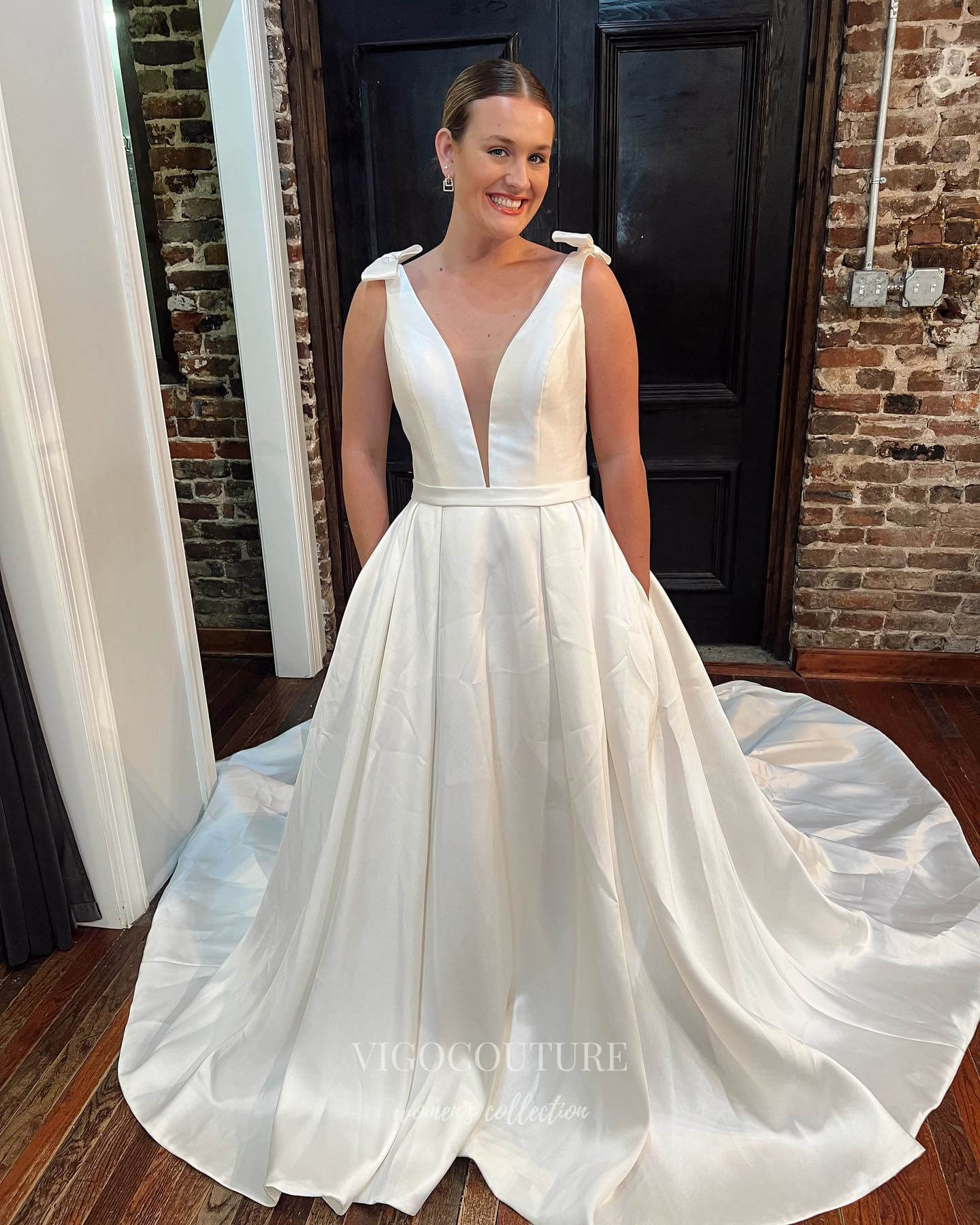 Ivory Satin Wedding Dresses Plunging V-Neck Bridal Gown W0101 vigocouture Ivory Satin Wedding Dresses Plunging V-Neck Bridal Gown W0101 vigocouture