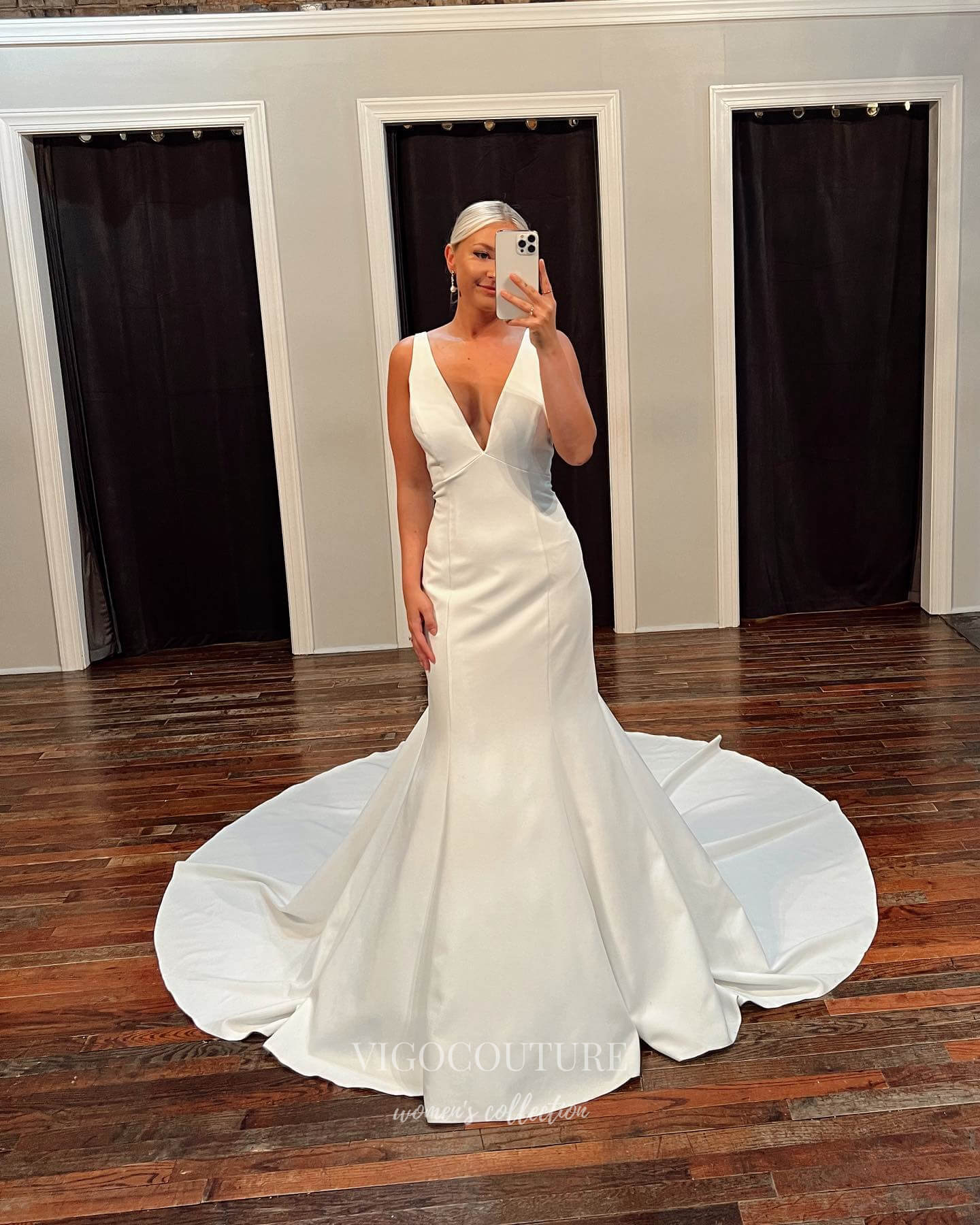 Ivory Satin Wedding Dresses Plunging V-Neck Mermaid Bridal Gown W0098 Ivory / US12 Ivory Satin Wedding Dresses Plunging V-Neck Mermaid Bridal Gown W0098 Ivory / US12
