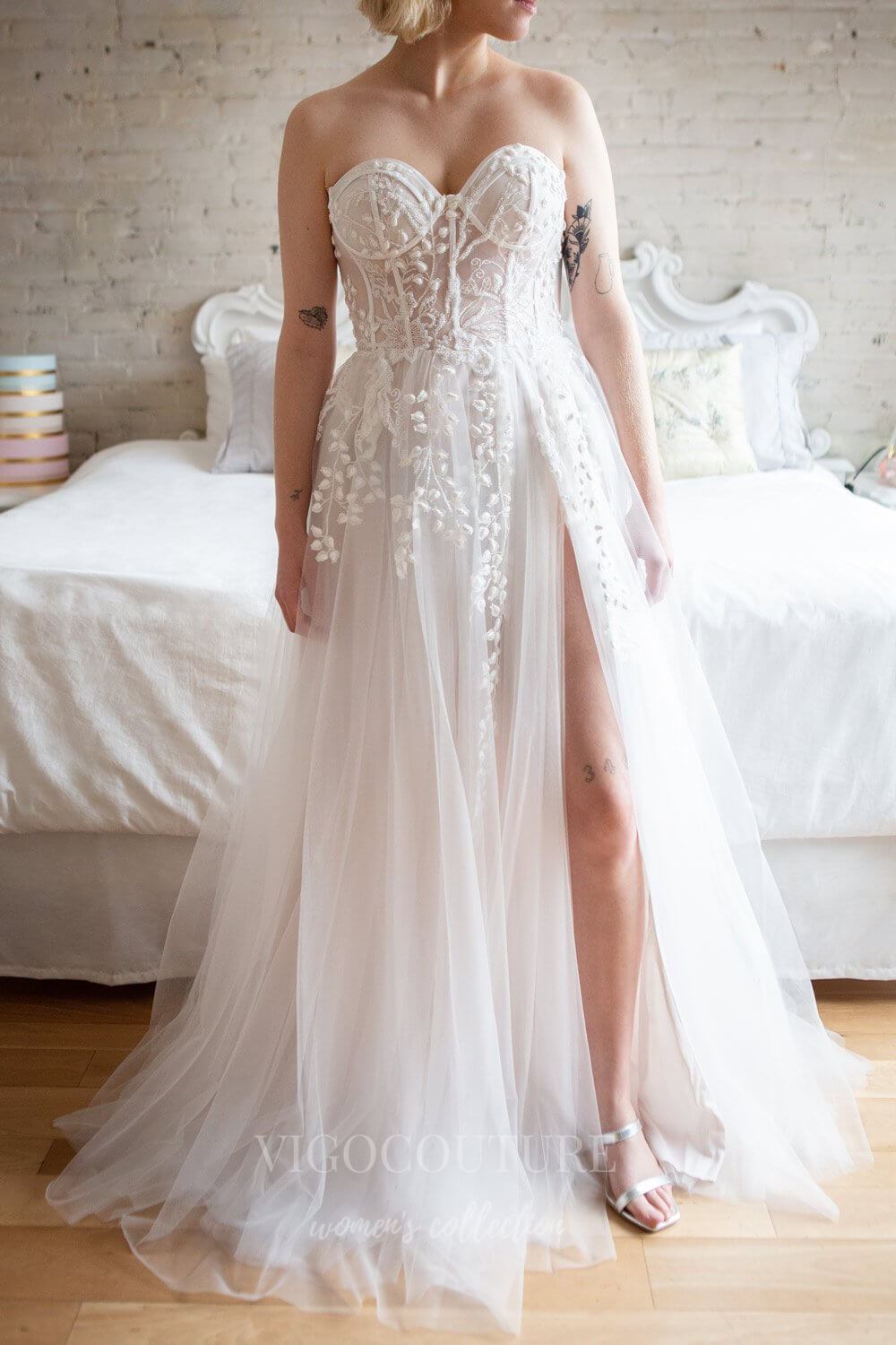 vigocouture-Ivory Strapless Lace Applique Wedding Dresses w0008-Wedding Dresses-vigocouture-