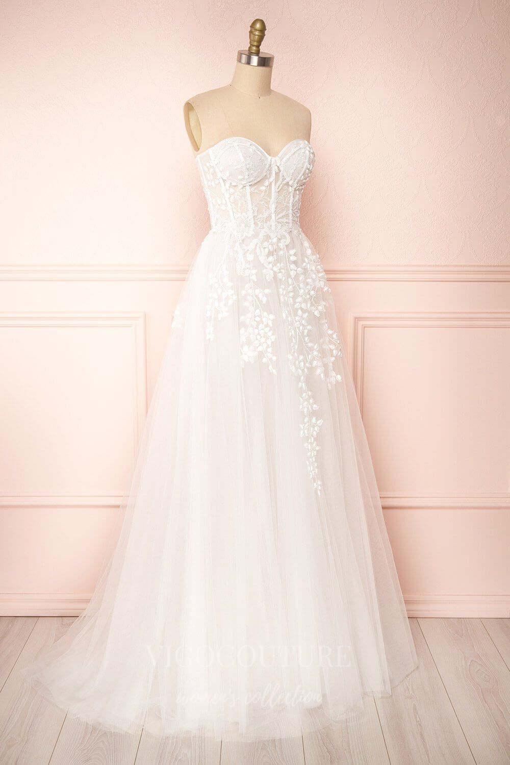 Ivory Strapless Lace Applique Wedding Dresses w0008 vigocouture Ivory Strapless Lace Applique Wedding Dresses w0008 vigocouture