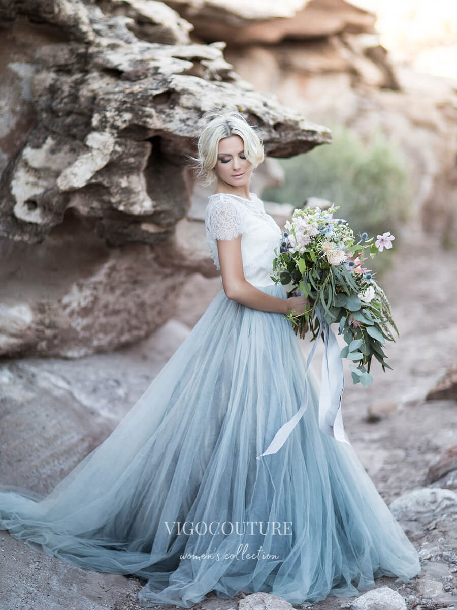 Dusty Blue Tulle Wedding Dress With Removable Lace Top - 2 Dusty Blue Tulle Wedding Dress With Removable Lace Top - 2