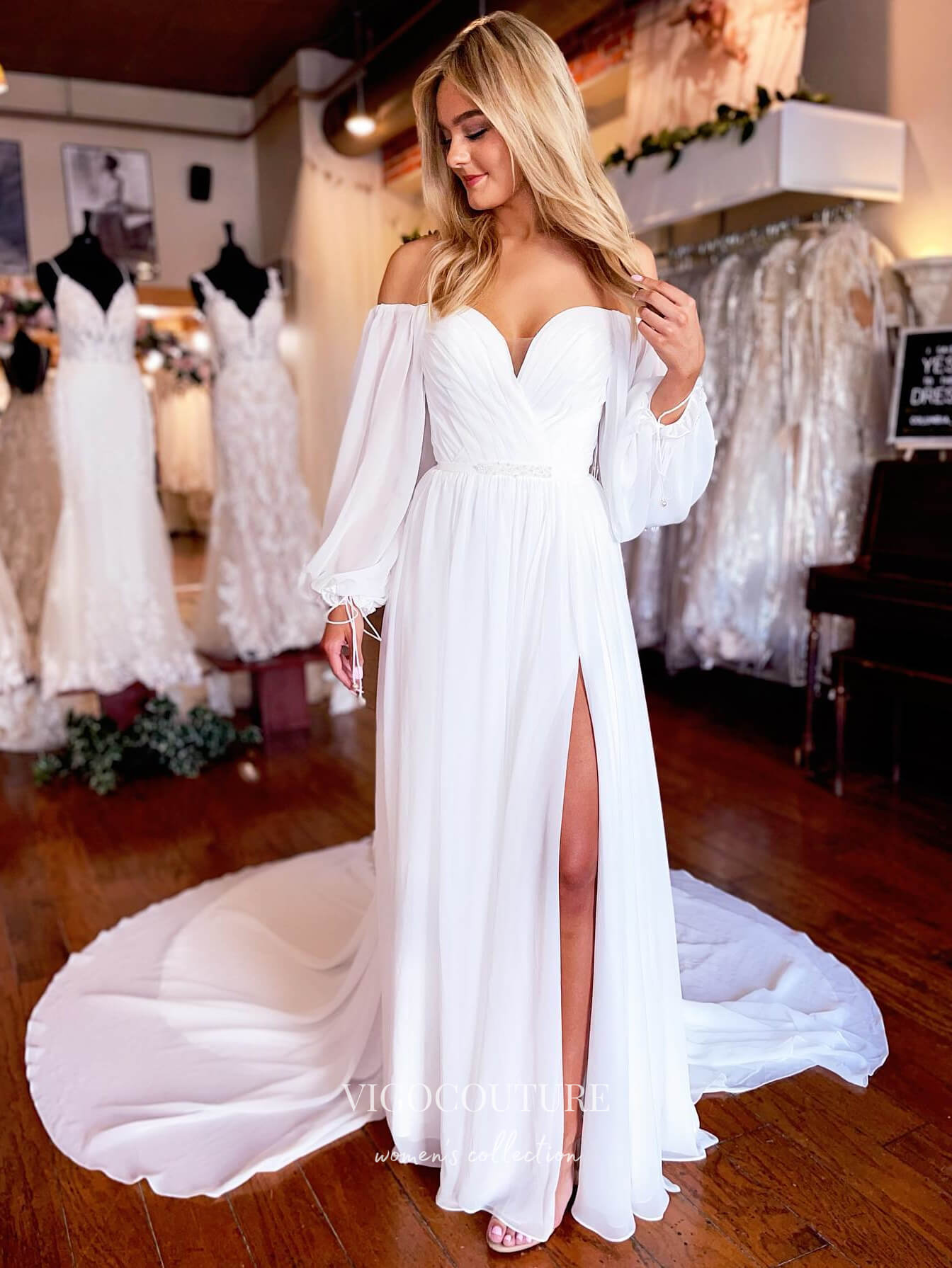 Long Sleeve Chiffon Wedding Dresses Sweetheart Neck Country Bridal Dresses W0033