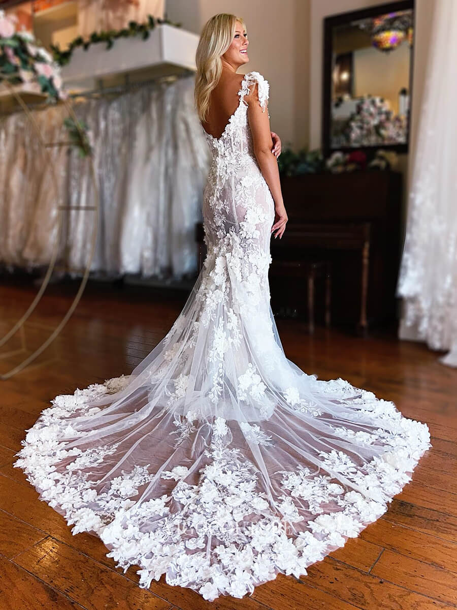 Mermaid Lace Applique Wedding Dresses 3D Flower Bridal Dresses W0053 Custom Colors / US8 Mermaid Lace Applique Wedding Dresses 3D Flower Bridal Dresses W0053 Custom Colors / US8