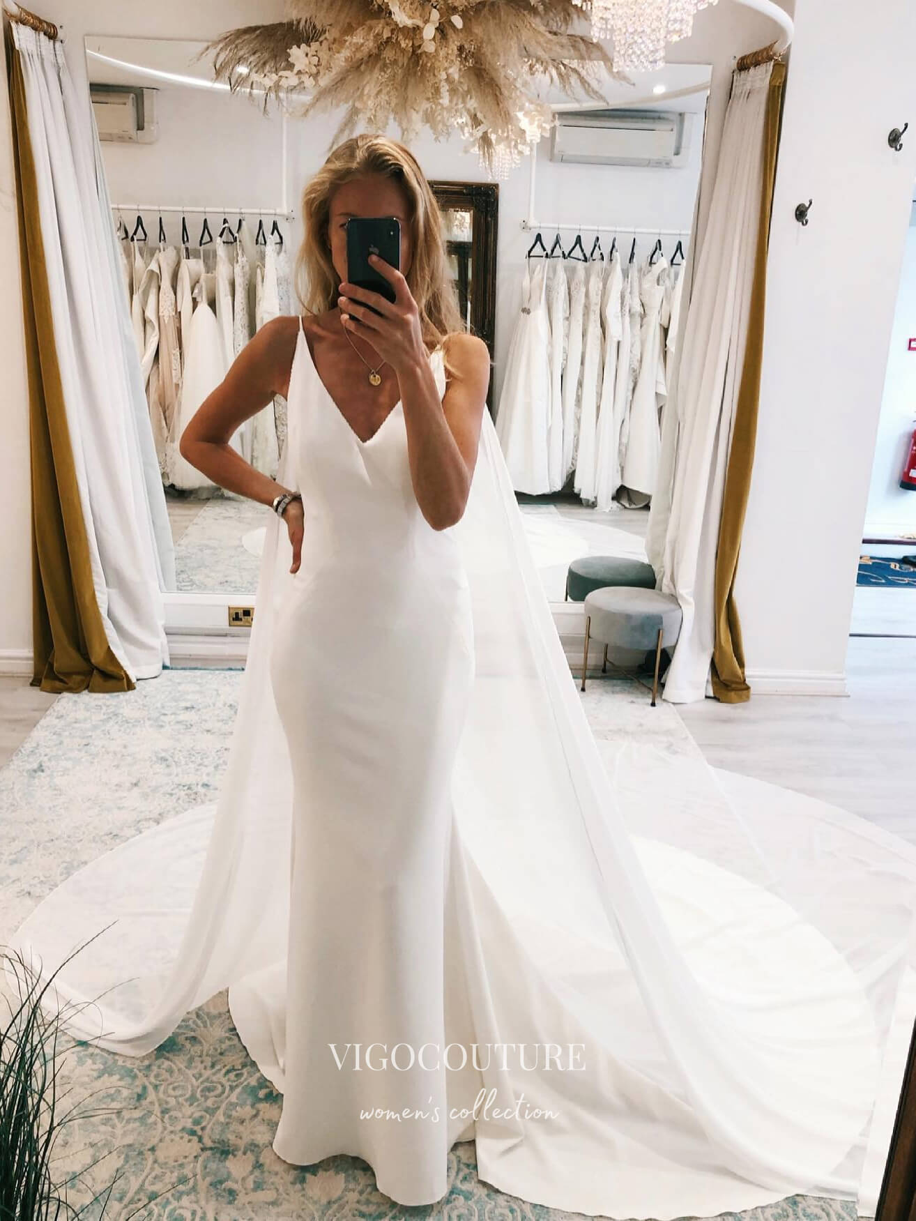 satin cape wedding dress Spaghetti Strap V Neck Satin Mermaid Wedding Dress with Sparkling Bridal Cape