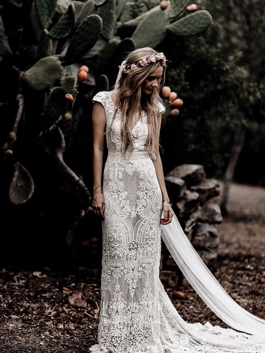 Rustic Lace Wedding Dresses Sheath Beach Boho Bridal Dress - W0014 Custom Colors / 24W Rustic Lace Wedding Dresses Sheath Beach Boho Bridal Dress - W0014 Custom Colors / 24W