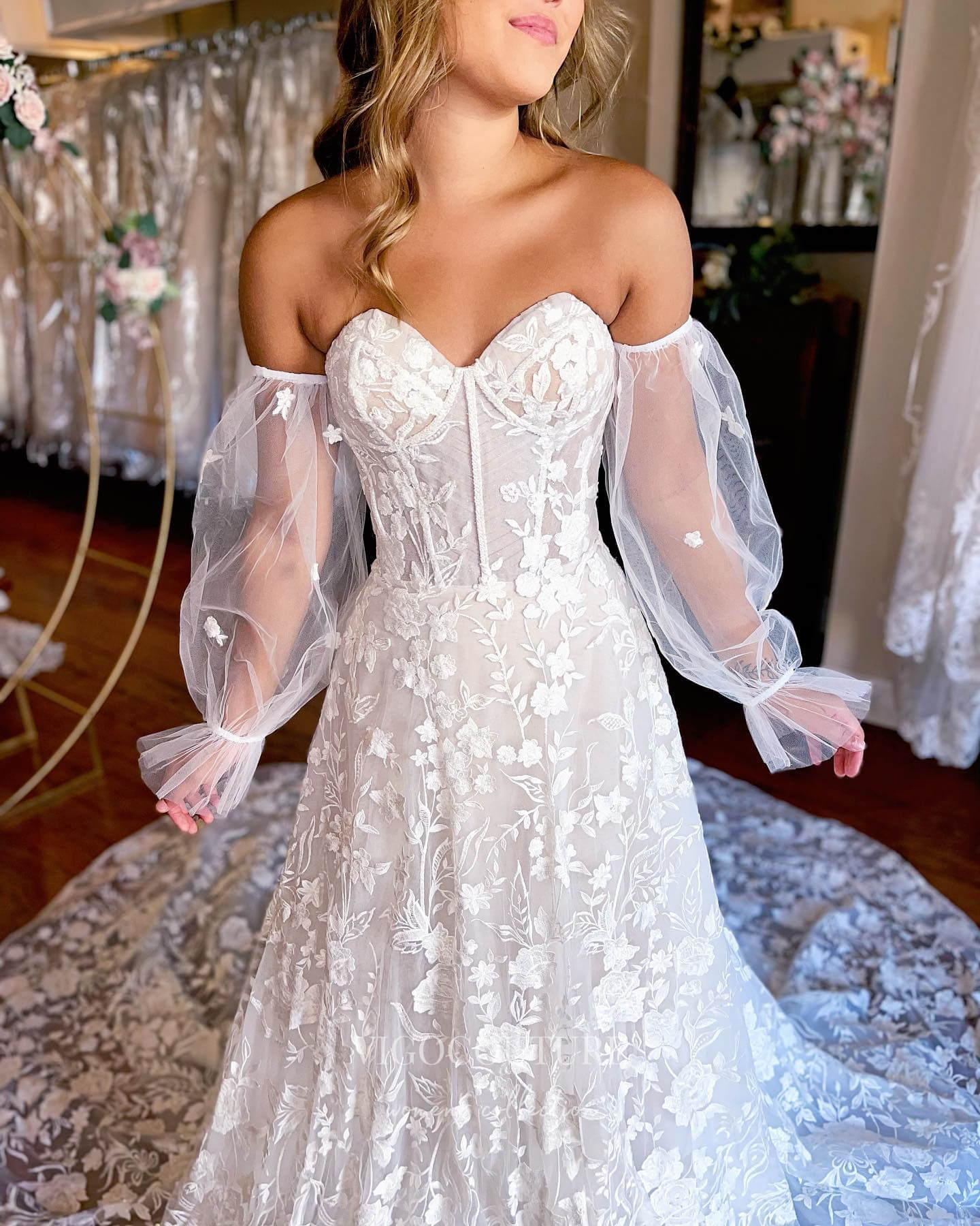 Strapless Lace Applique Wedding Dress with Removable Sleeves and Cathedral Train W0105-Wedding Dresses-vigocouture-Ivory-US2-vigocouture
