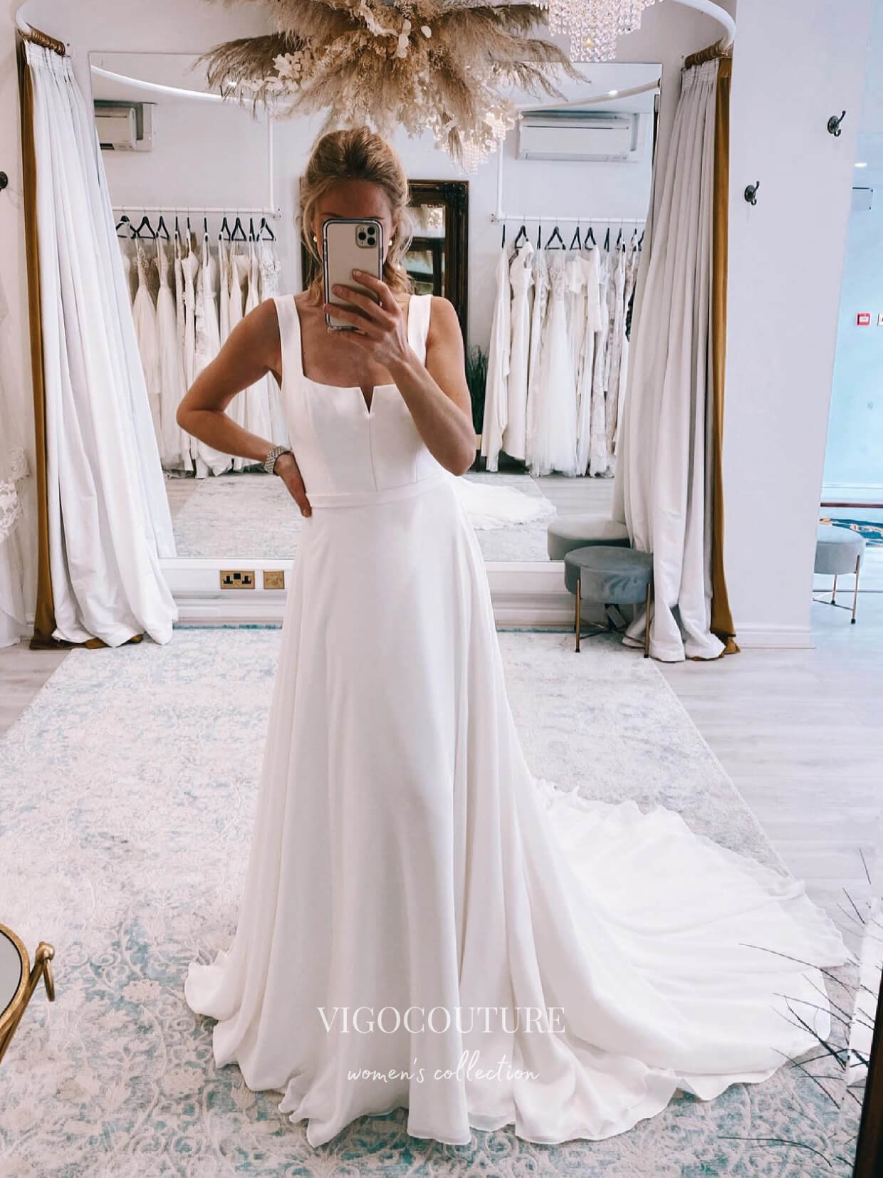 Simple White Square Neck Boho Long Chiffon Wedding Dress, Diamond White / 16 Simple White Square Neck Boho Long Chiffon Wedding Dress, Diamond White / 16