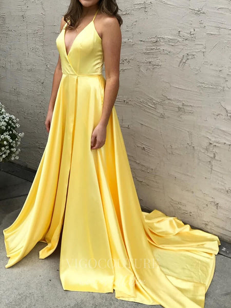 Yellow Satin Prom Dresses with Slit Plunging V-Neck Spaghetti Strap Ev –  vigocouture