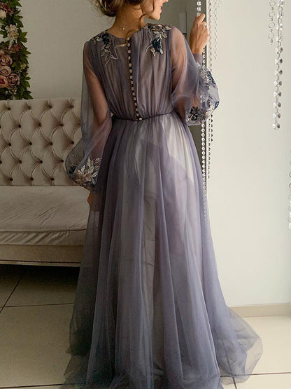 Romantic Floral Embroidery Prom Dress with Round Neck, Sheer Bishop Sleeves and Tulle A-Line Skirt - 20606