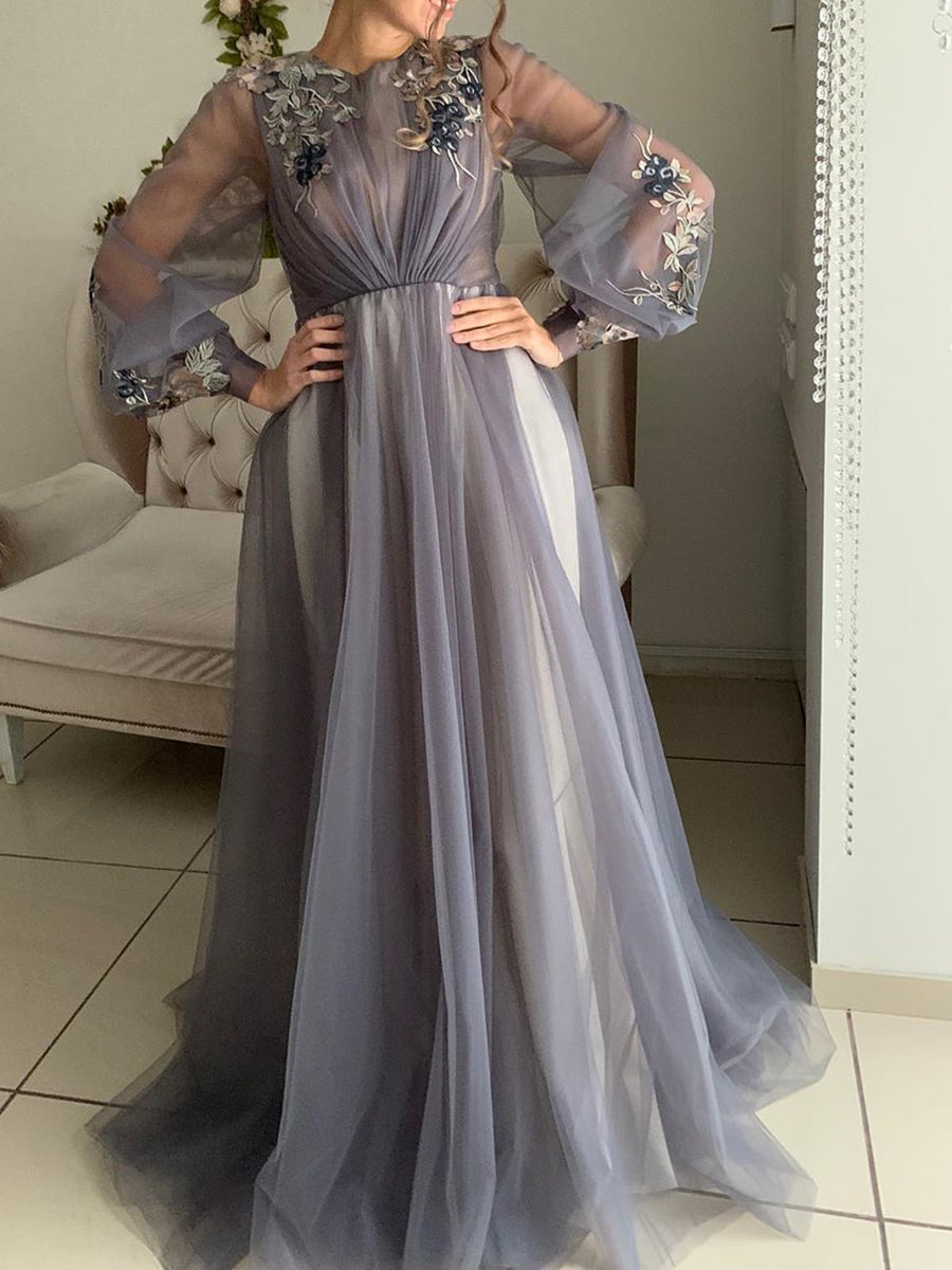 Romantic Floral Embroidery Prom Dress with Round Neck, Sheer Bishop Sleeves and Tulle A-Line Skirt - 20606
