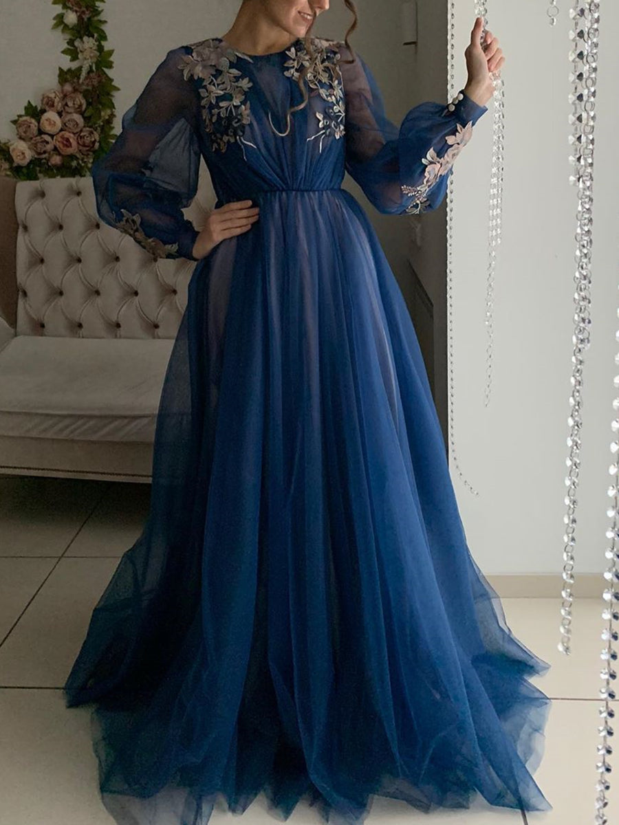 Romantic Floral Embroidery Prom Dress with Round Neck, Sheer Bishop Sleeves and Tulle A-Line Skirt - 20606