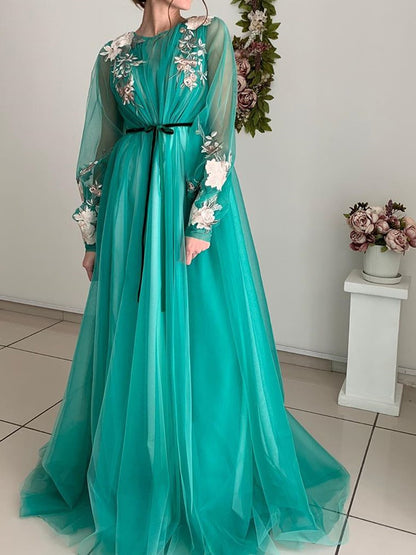 Romantic Floral Embroidery Prom Dress with Round Neck, Sheer Bishop Sleeves and Tulle A-Line Skirt - 20606