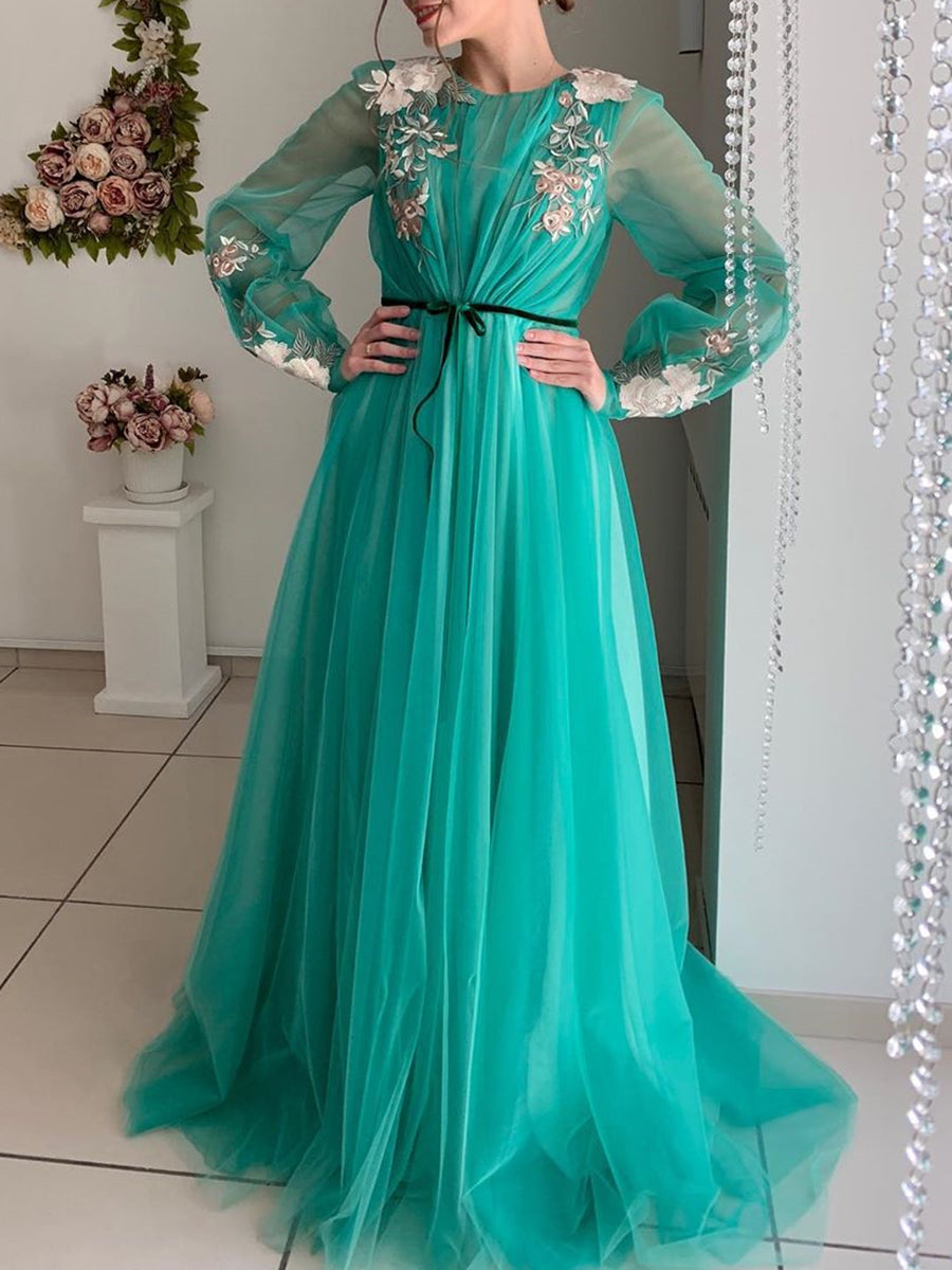 Romantic Floral Embroidery Prom Dress with Round Neck, Sheer Bishop Sleeves and Tulle A-Line Skirt - 20606