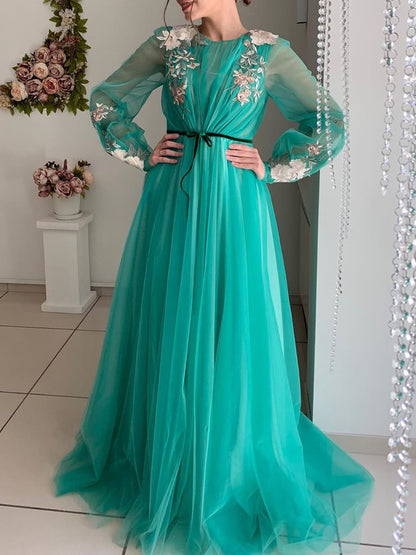 Romantic Floral Embroidery Prom Dress with Round Neck, Sheer Bishop Sleeves and Tulle A-Line Skirt - 20606