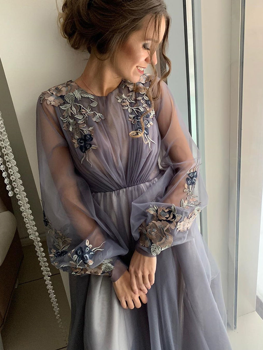 Romantic Floral Embroidery Prom Dress with Round Neck, Sheer Bishop Sleeves and Tulle A-Line Skirt - 20606