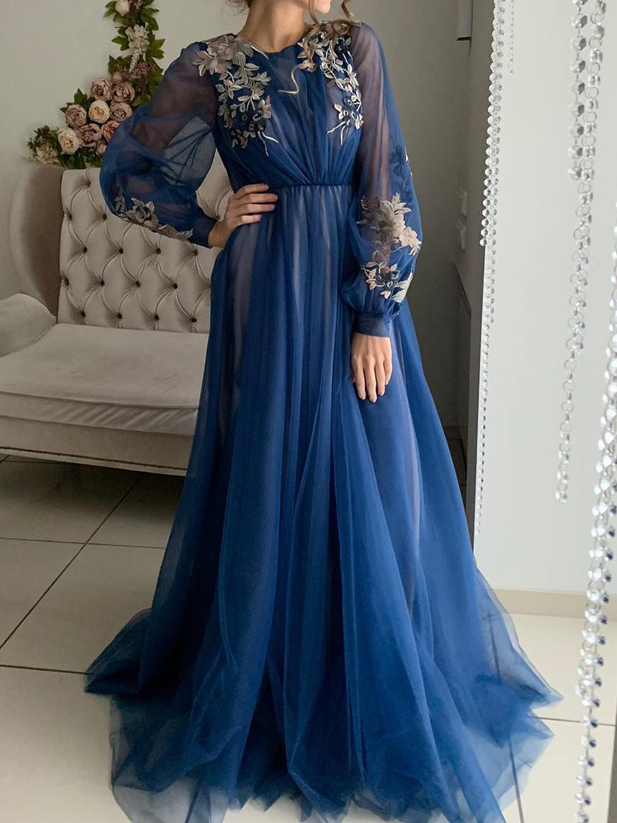 Romantic Floral Embroidery Prom Dress with Round Neck, Sheer Bishop Sleeves and Tulle A-Line Skirt - 20606