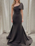 Black Satin Bow Tie Prom Dresses 2025 One Shoulder Formal Dresses – 25149