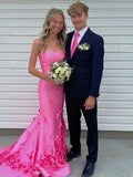 Pink Floral Satin Prom Dresses 2025 Mermaid Strapless Formal Dresses with Slit – 25150