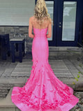 Pink Floral Satin Prom Dresses 2025 Mermaid Strapless Formal Dresses with Slit – 25150