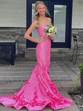 Pink Floral Satin Prom Dresses 2025 Mermaid Strapless Formal Dresses with Slit – 25150