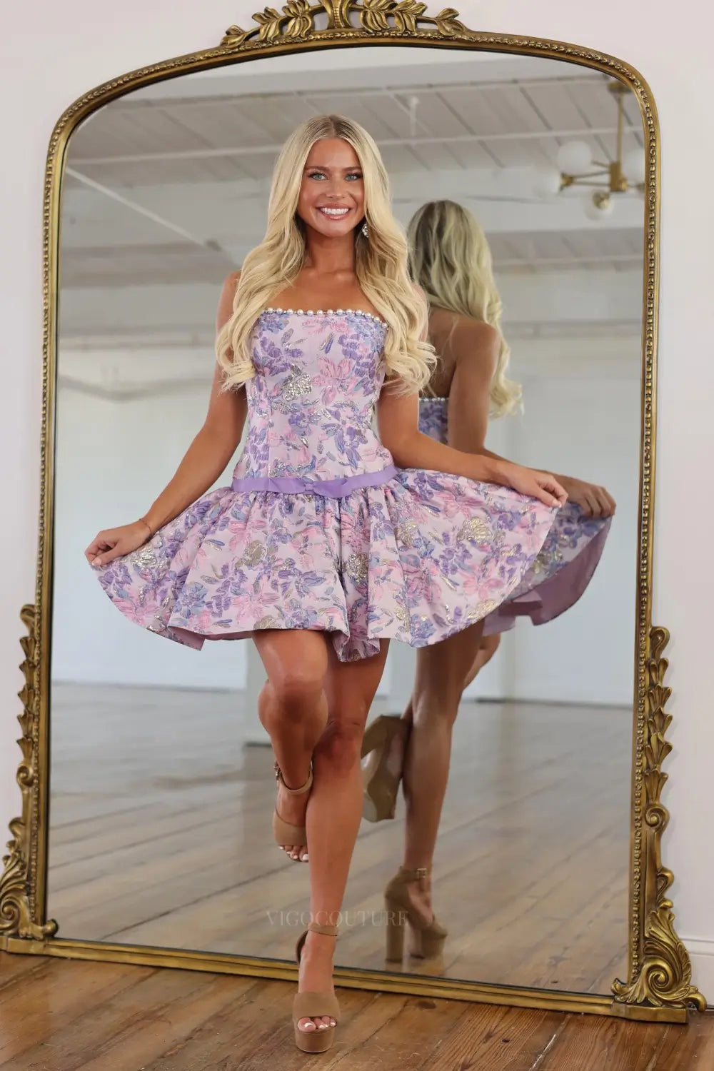 Pink Metallic Floral Jacquard Homecoming Dress with Pearl-Trimmed Neckline and Bow Waist - H26006