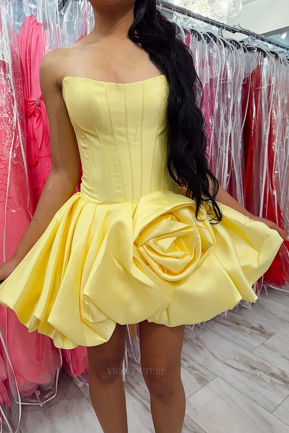 Yellow 3D Rosette Bubble Skirt Homecoming Dress with Strapless Corset Bodice - H26009