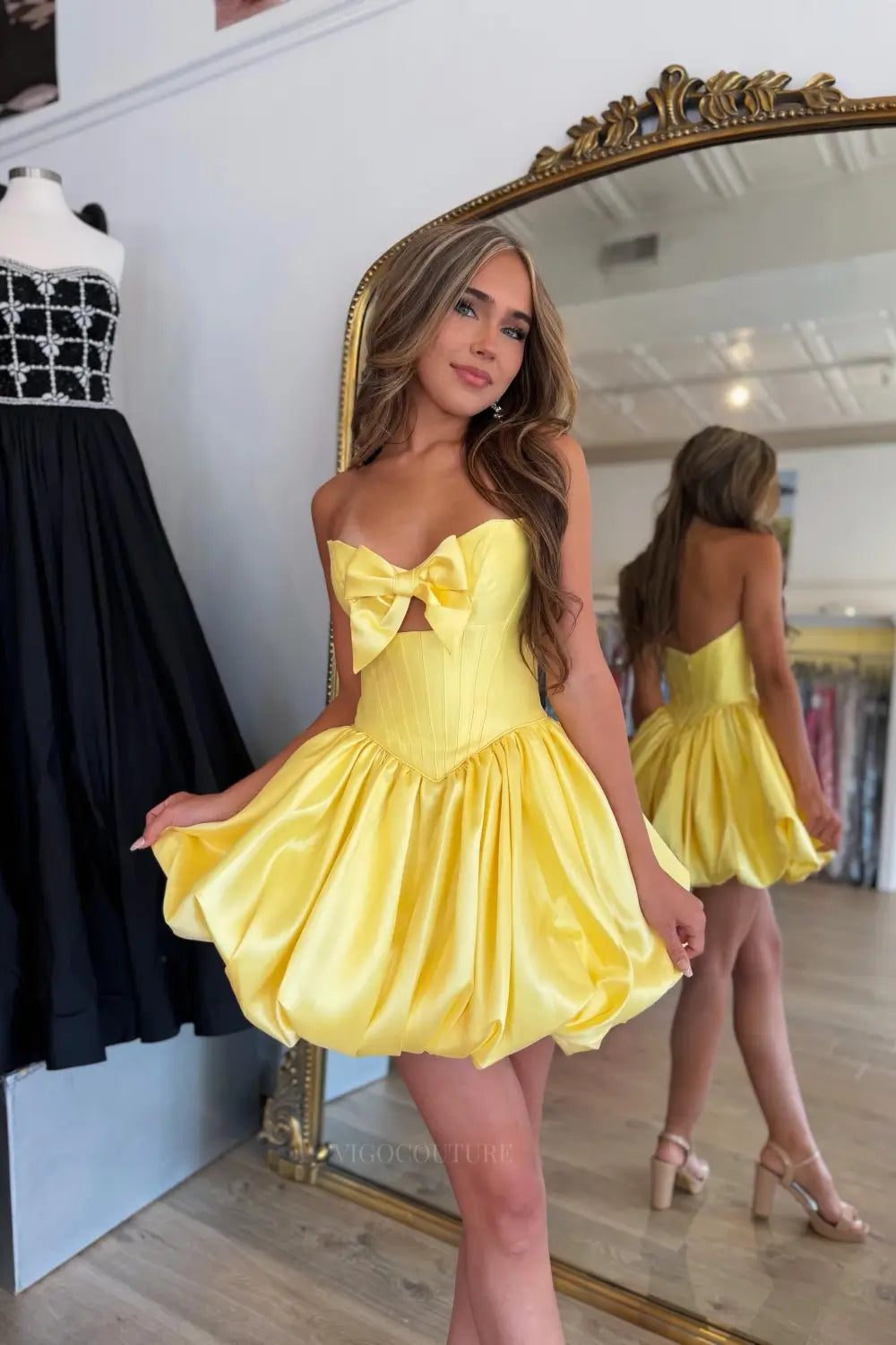 Yellow Satin Bubble Homecoming Dress with Bow Front and Strapless Corset Bodice - H26010