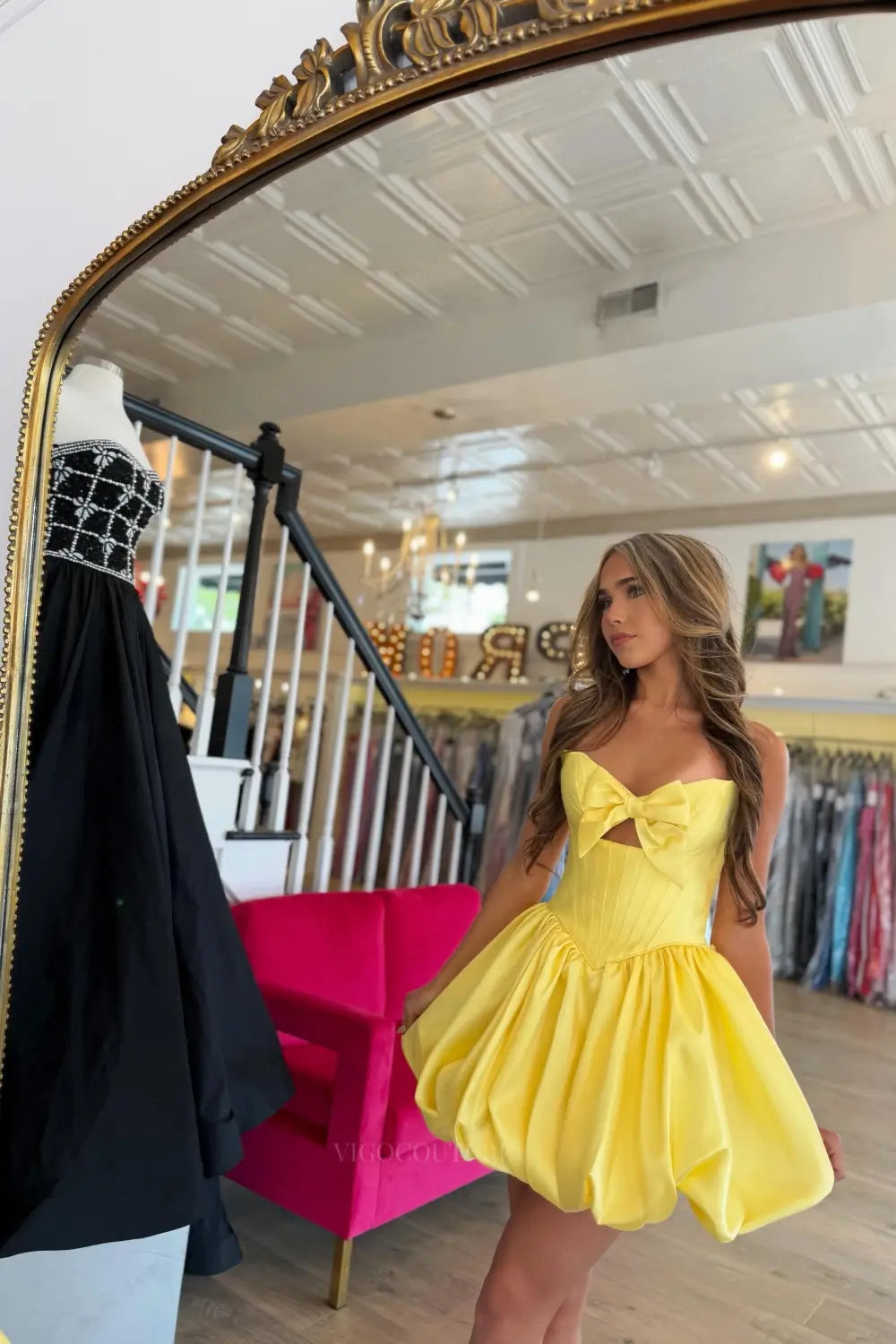 Yellow Satin Bubble Homecoming Dress with Bow Front and Strapless Corset Bodice - H26010