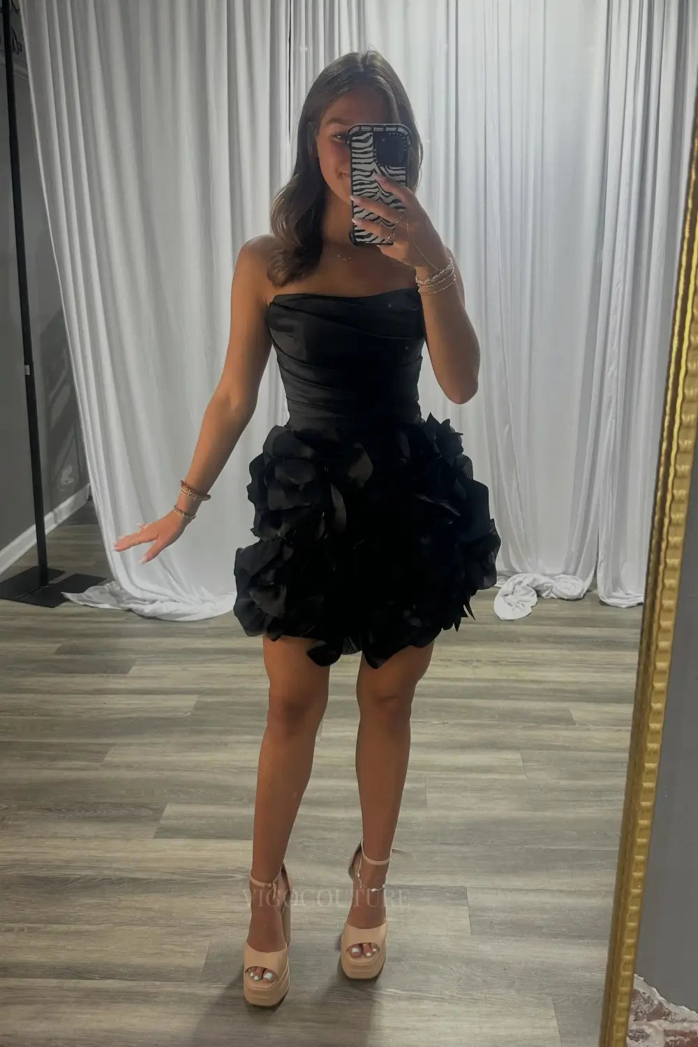 Black 3D Floral Homecoming Dress with Petal Skirt and Ruched Satin Bodice - H26011