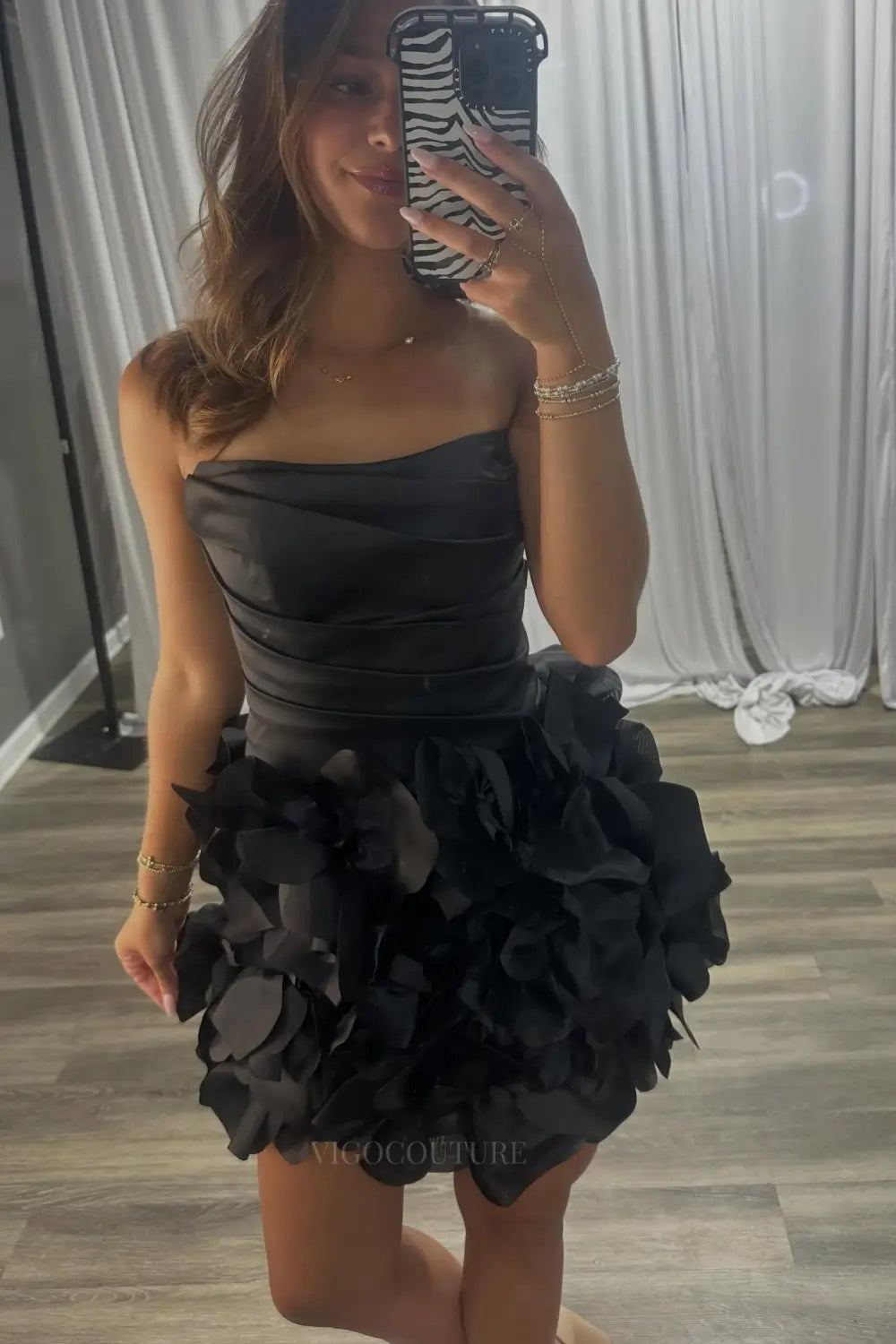 Black 3D Floral Homecoming Dress with Petal Skirt and Ruched Satin Bodice - H26011
