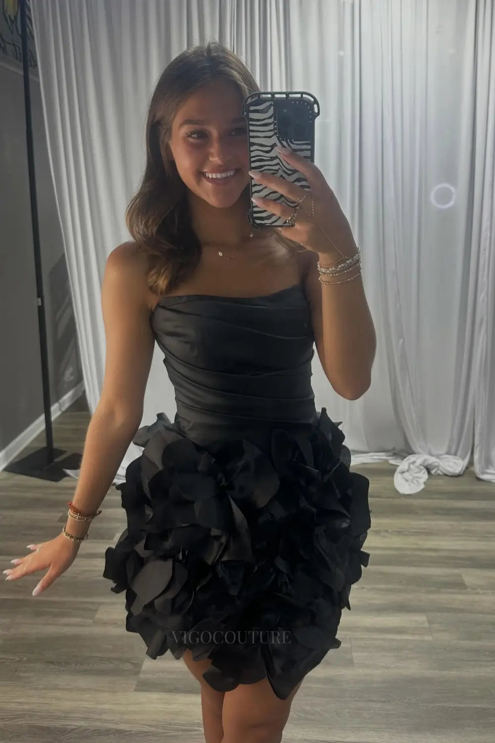 Black 3D Floral Homecoming Dress with Petal Skirt and Ruched Satin Bodice - H26011