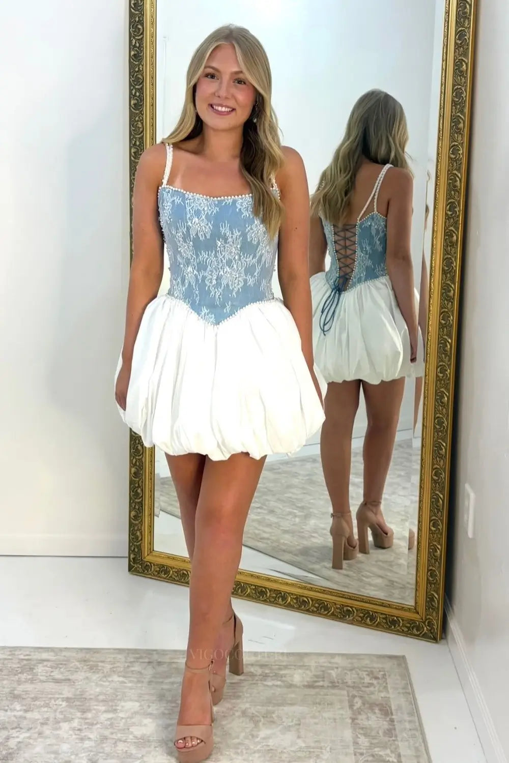 Light Blue and White Lace Corset Homecoming Dress with Bubble Skirt and Pearl Straps - H26012
