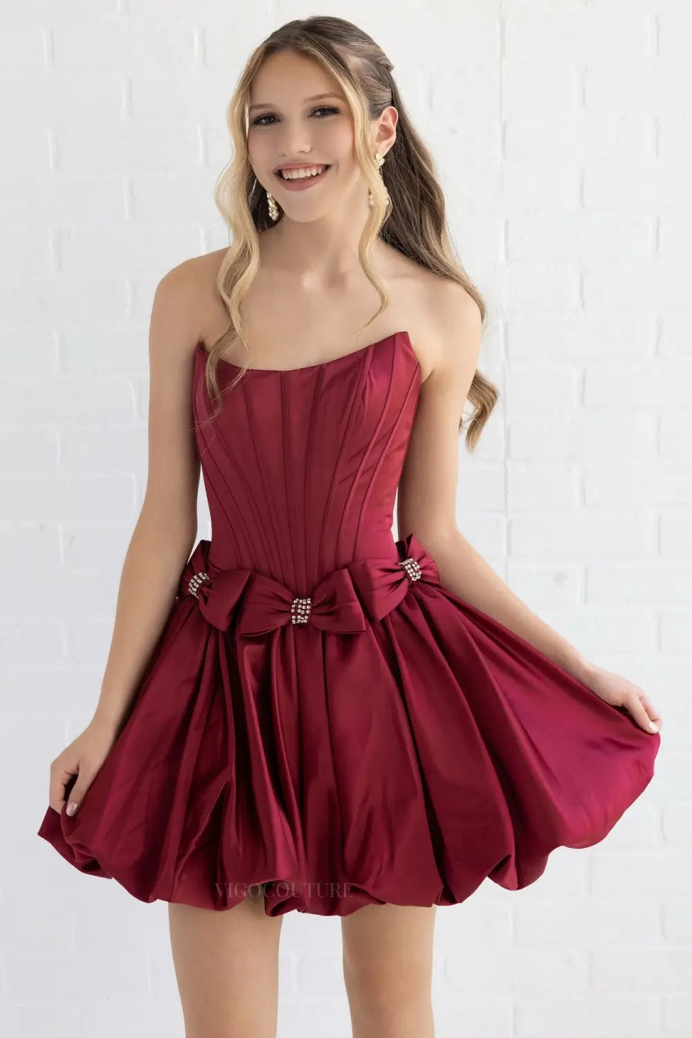 Burgundy Satin Bubble Skirt Homecoming Dress with Crystal Bows and Strapless Corset - H26014