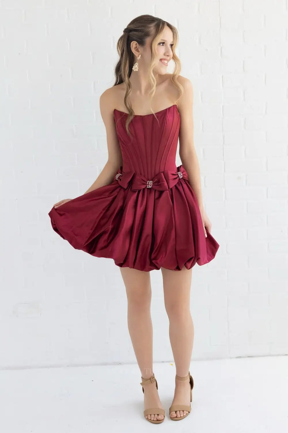 Burgundy Satin Bubble Skirt Homecoming Dress with Crystal Bows and Strapless Corset - H26014