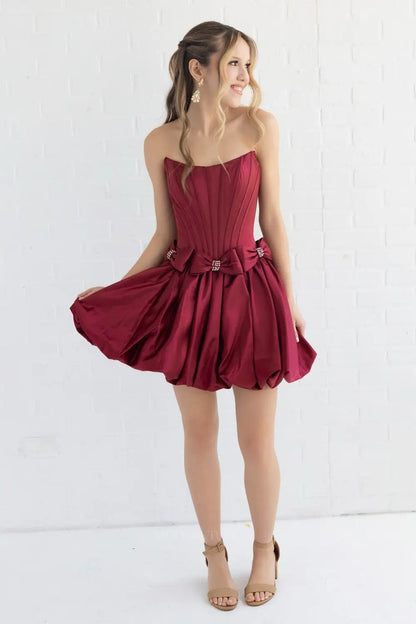Burgundy Satin Bubble Skirt Homecoming Dress with Crystal Bows and Strapless Corset - H26014