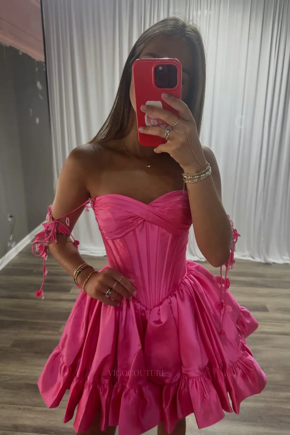Hot Pink Satin Ruffle Skirt Homecoming Dress with 3D Floral Off-Shoulder Straps and Corset Bodice - H26015