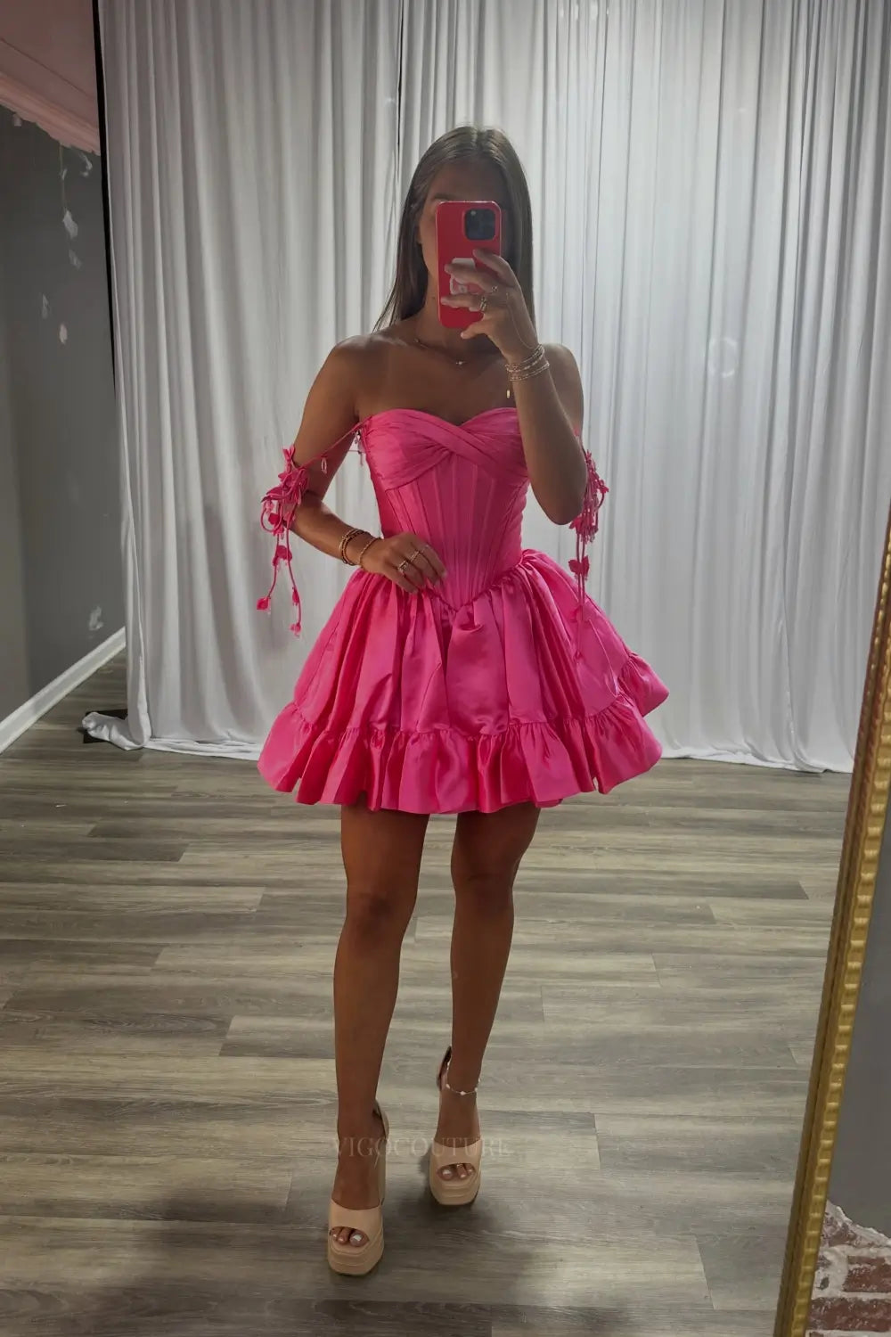 Hot Pink Satin Ruffle Skirt Homecoming Dress with 3D Floral Off-Shoulder Straps and Corset Bodice - H26015
