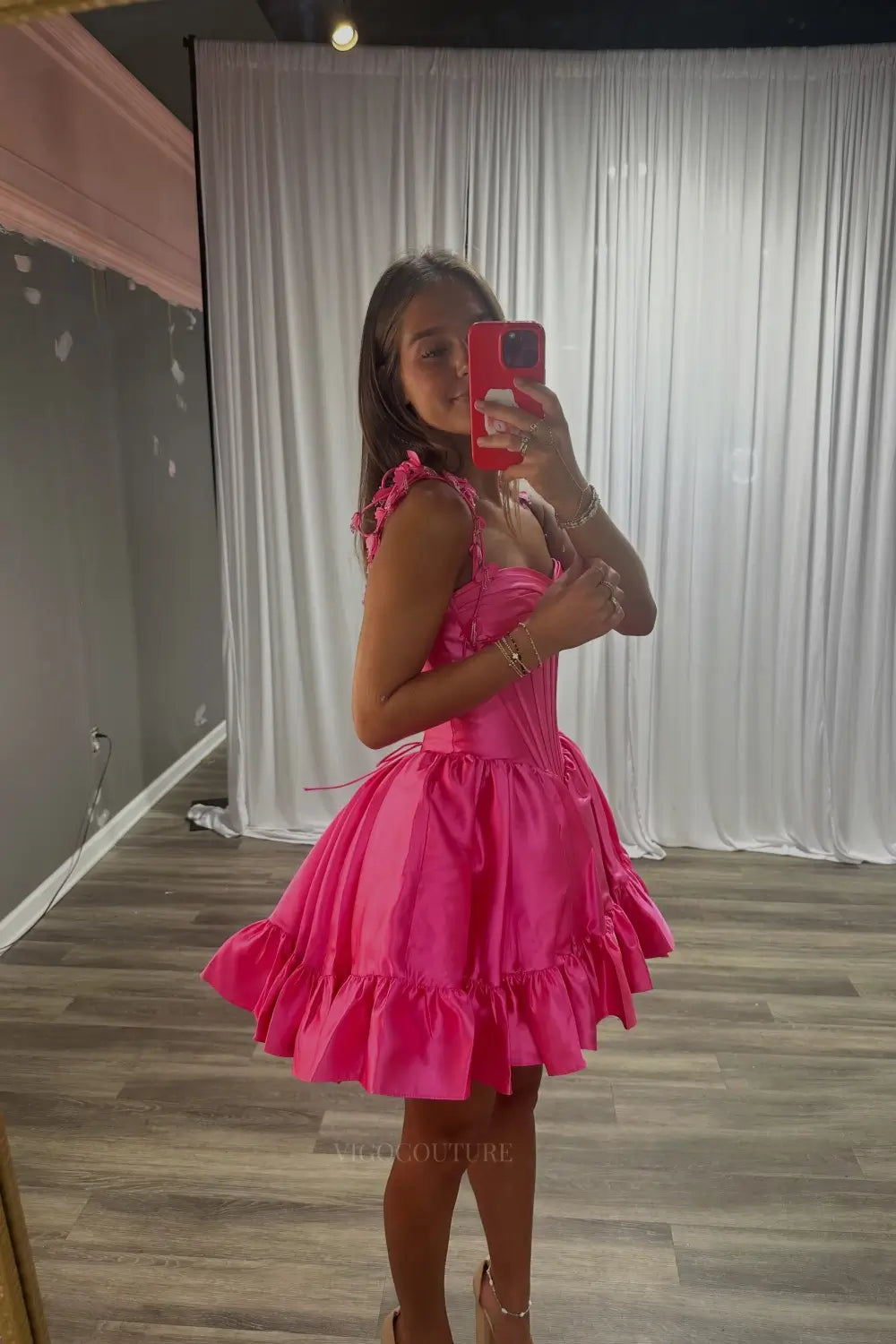 Hot Pink Satin Ruffle Skirt Homecoming Dress with 3D Floral Off-Shoulder Straps and Corset Bodice - H26015