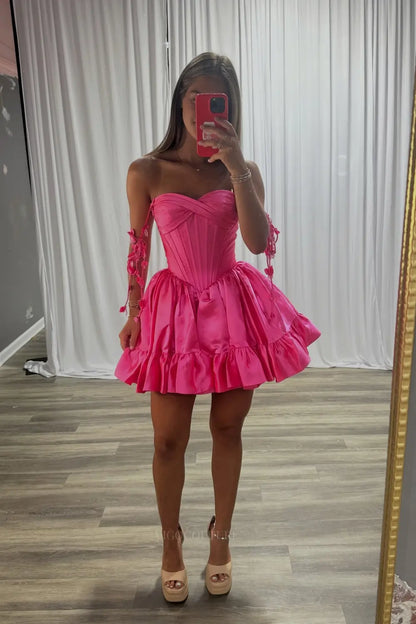 Hot Pink Satin Ruffle Skirt Homecoming Dress with 3D Floral Off-Shoulder Straps and Corset Bodice - H26015